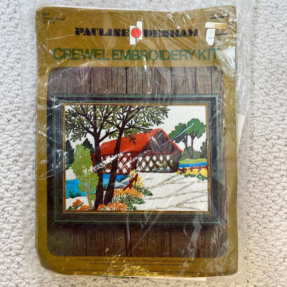 Covered Bridge Crewel Embroidery Kit Pauline Denham 1974 Stamped Design 12 x 9